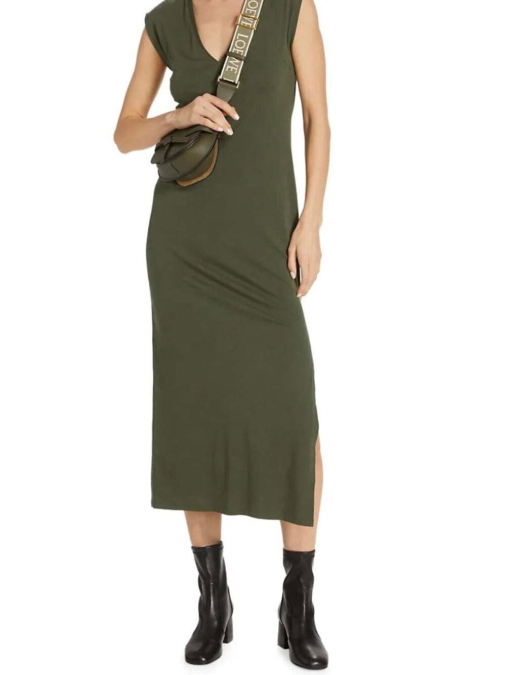 FRAME Le Muscle V Maxi Dress – Fatigue Olive – Size L – 100% Pima Cotton